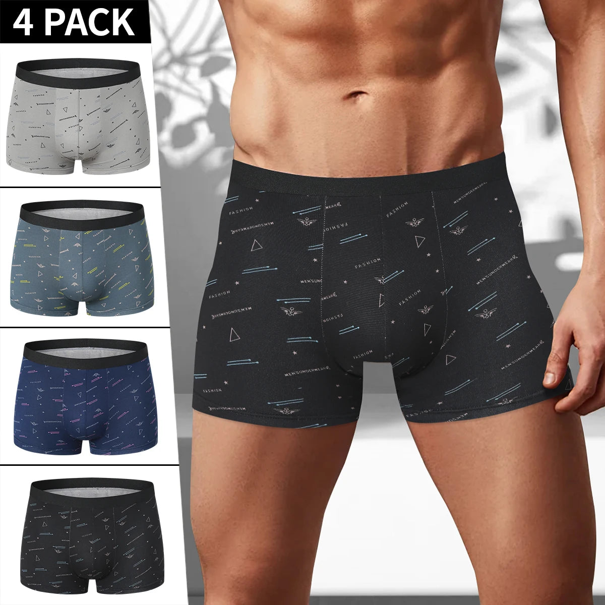 4-piece MEN'S Underwear Comfortable and Fashionable Plus-size Printed Boyshort Maximum 6XL Swimming Trunks for Teenagers.