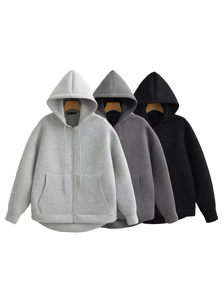 HH Autumn Women Gray Jacket With Hood Long Sleeve Big Pocket Zipper Jacket Coat Woman Loose Casual Outerwear Coat Tops